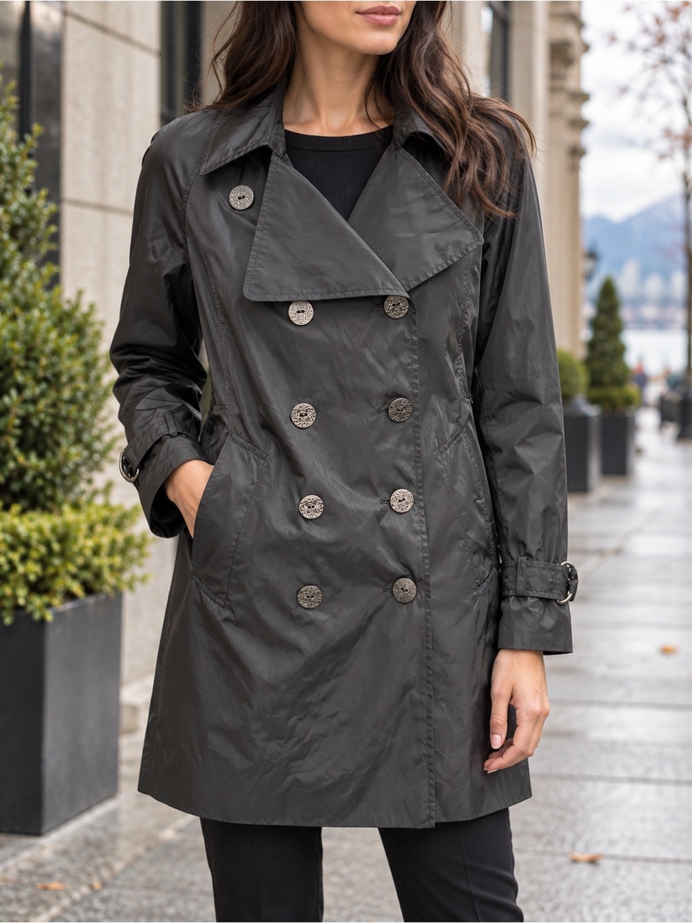Tahari Black Double-Breasted Trench Coat Jacket Size S